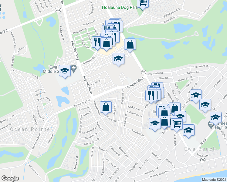 map of restaurants, bars, coffee shops, grocery stores, and more near 91-1091 Keoneula Boulevard in Ewa Beach