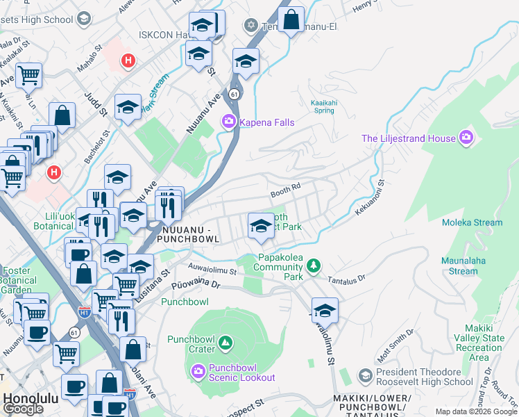 map of restaurants, bars, coffee shops, grocery stores, and more near 2316A Kanealii Avenue in Honolulu