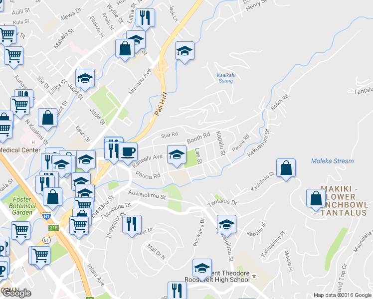 map of restaurants, bars, coffee shops, grocery stores, and more near 147 Huanu Street in Honolulu
