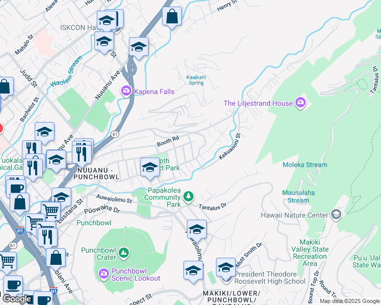 map of restaurants, bars, coffee shops, grocery stores, and more near 225 Kapalu Street in Honolulu