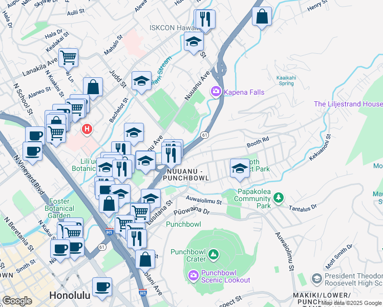 map of restaurants, bars, coffee shops, grocery stores, and more near 2126 Booth Road in Honolulu