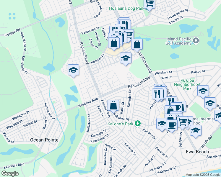 map of restaurants, bars, coffee shops, grocery stores, and more near 12 Keoneula Boulevard in Ewa Beach