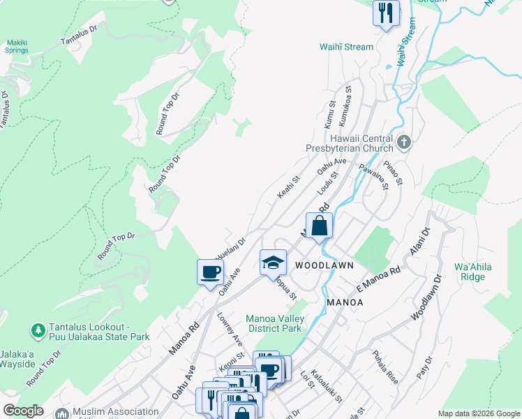 map of restaurants, bars, coffee shops, grocery stores, and more near 3265 Huelani Drive in Honolulu