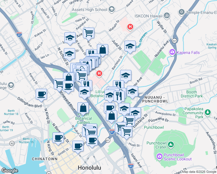 map of restaurants, bars, coffee shops, grocery stores, and more near 1753 Huna Street in Honolulu