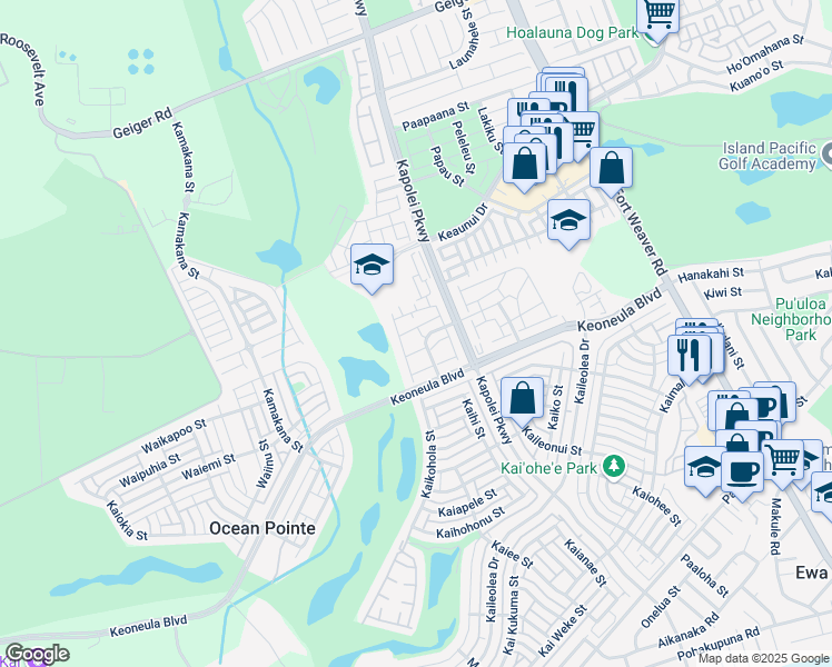 map of restaurants, bars, coffee shops, grocery stores, and more near 91-2105 Kai 'Oli Street in Ewa Beach