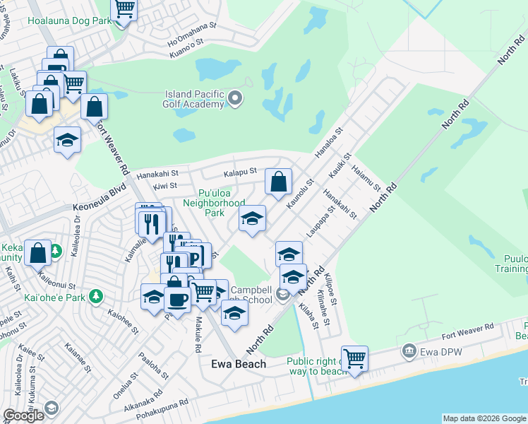 map of restaurants, bars, coffee shops, grocery stores, and more near 91-1046 Hanaloa Street in Ewa Beach