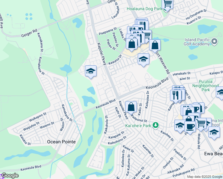map of restaurants, bars, coffee shops, grocery stores, and more near 91-2062 Kai 'Oli Street in Ewa Beach