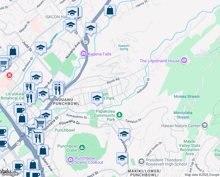 map of restaurants, bars, coffee shops, grocery stores, and more near 2413 Kanealii Avenue in Honolulu