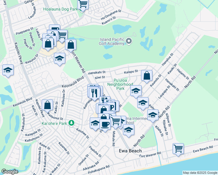 map of restaurants, bars, coffee shops, grocery stores, and more near 91-974 Ololani Street in Ewa Beach