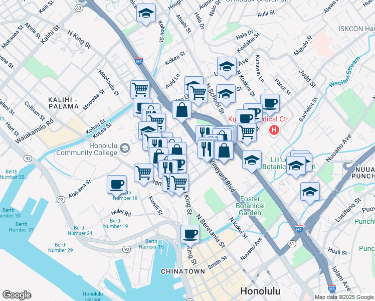 map of restaurants, bars, coffee shops, grocery stores, and more near 33 Pua Lane in Honolulu