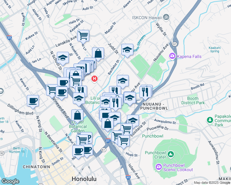 map of restaurants, bars, coffee shops, grocery stores, and more near 152 North Kuakini Street in Honolulu