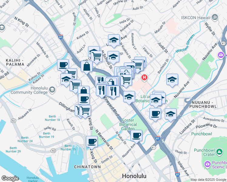 map of restaurants, bars, coffee shops, grocery stores, and more near 1443 Holelua Place in Honolulu