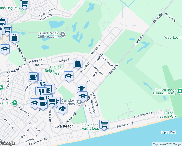 map of restaurants, bars, coffee shops, grocery stores, and more near 91-847 Keleawe Place in Ewa Beach