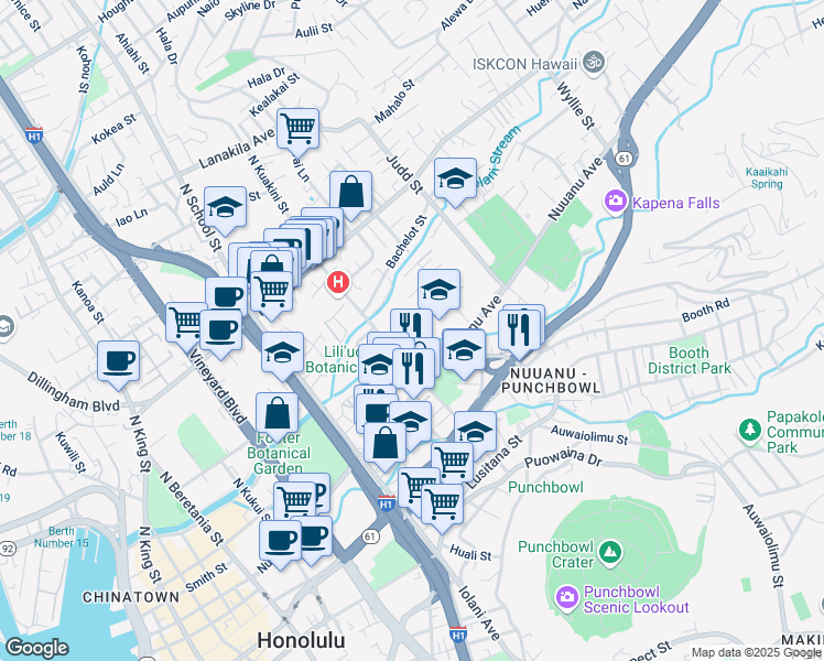 map of restaurants, bars, coffee shops, grocery stores, and more near 152 North Kuakini Street in Honolulu