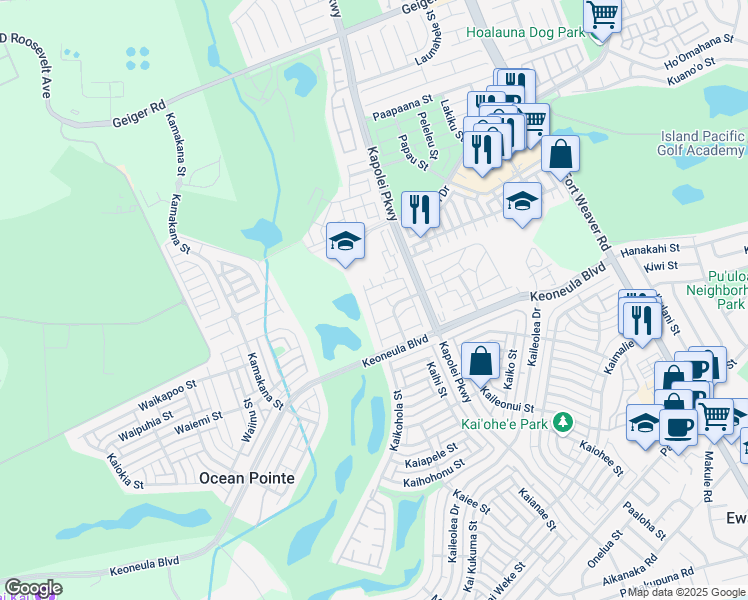 map of restaurants, bars, coffee shops, grocery stores, and more near 91-2105 Kai 'Oli Street in Ewa Beach
