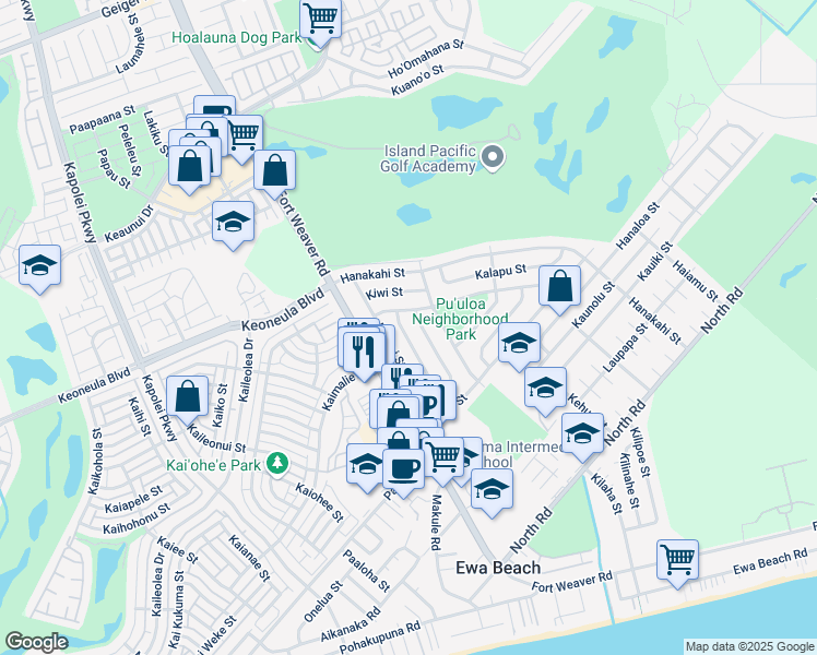 map of restaurants, bars, coffee shops, grocery stores, and more near 91-974 Ololani Street in Ewa Beach