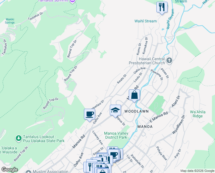 map of restaurants, bars, coffee shops, grocery stores, and more near 3265 Huelani Drive in Honolulu