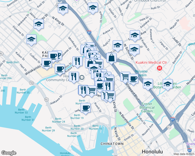 map of restaurants, bars, coffee shops, grocery stores, and more near 783 North King Street in Honolulu