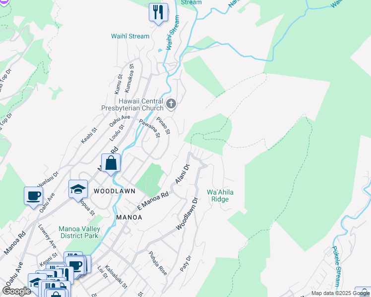 map of restaurants, bars, coffee shops, grocery stores, and more near 3697 Woodlawn Drive in Honolulu