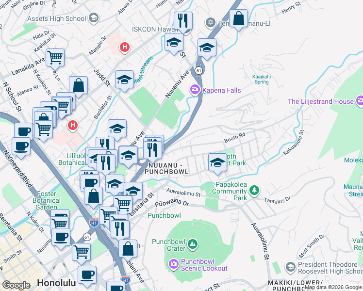 map of restaurants, bars, coffee shops, grocery stores, and more near 2179A Booth Road in Honolulu