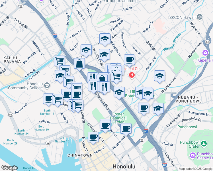 map of restaurants, bars, coffee shops, grocery stores, and more near 1443 Holelua Place in Honolulu