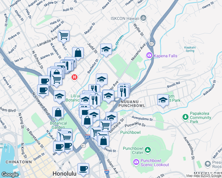 map of restaurants, bars, coffee shops, grocery stores, and more near Nuuanu Ave & Bates St in Honolulu