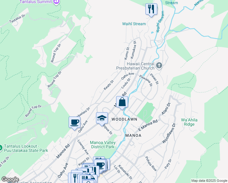 map of restaurants, bars, coffee shops, grocery stores, and more near 3353 Loulu Street in Honolulu