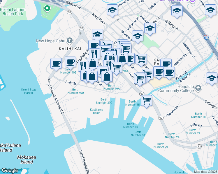 map of restaurants, bars, coffee shops, grocery stores, and more near 1602 Auiki Street in Honolulu