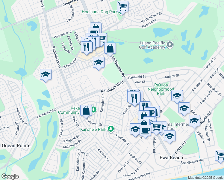 map of restaurants, bars, coffee shops, grocery stores, and more near 91-1059 Keoneula Boulevard in Ewa Beach