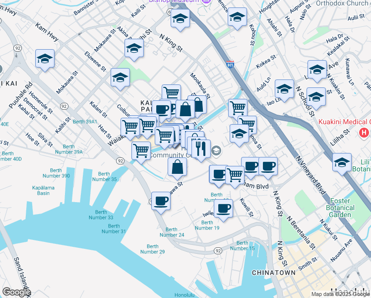 map of restaurants, bars, coffee shops, grocery stores, and more near 1095 Dillingham Boulevard in Honolulu