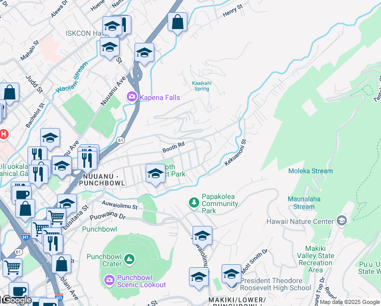 map of restaurants, bars, coffee shops, grocery stores, and more near 225 Kapalu Street in Honolulu