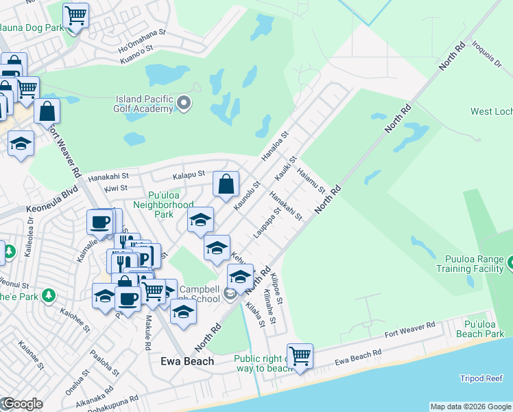 map of restaurants, bars, coffee shops, grocery stores, and more near 91-847 Keleawe Place in Ewa Beach