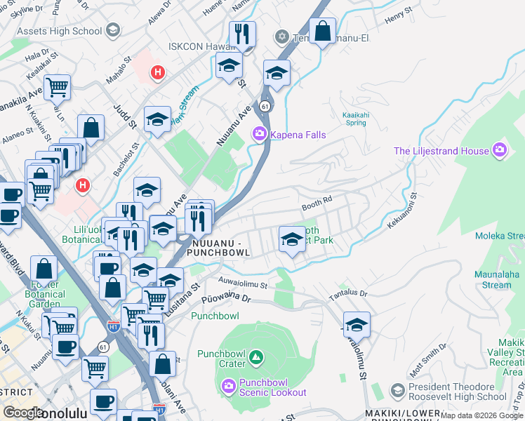map of restaurants, bars, coffee shops, grocery stores, and more near 2243 Booth Road in Honolulu