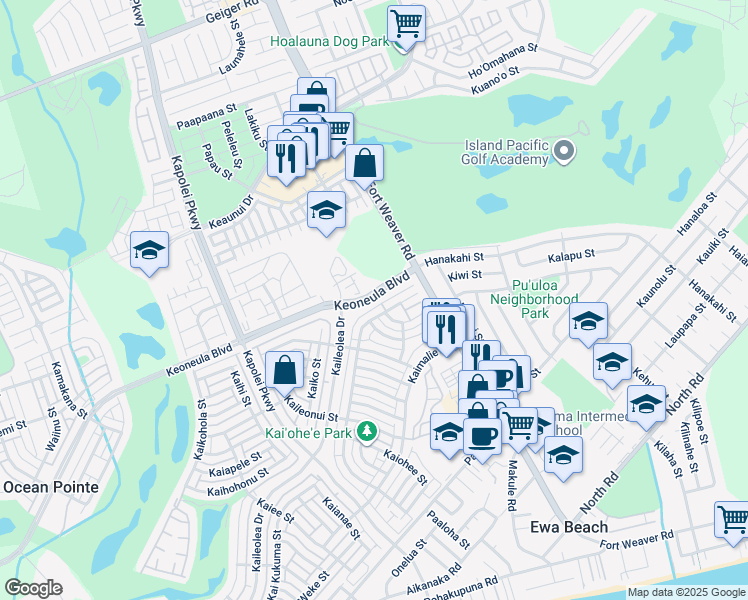 map of restaurants, bars, coffee shops, grocery stores, and more near 91-1059 Keoneula Boulevard in Ewa Beach