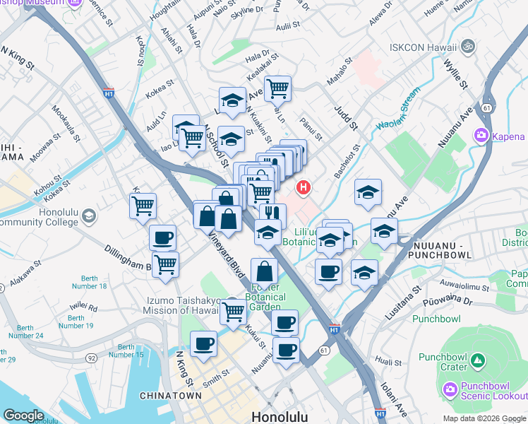 map of restaurants, bars, coffee shops, grocery stores, and more near 327A Puuhue Place in Honolulu