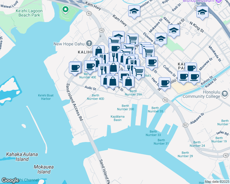 map of restaurants, bars, coffee shops, grocery stores, and more near 180 Kalihi Street in Honolulu