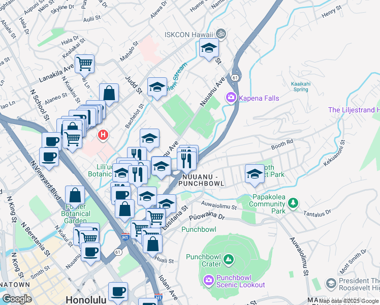 map of restaurants, bars, coffee shops, grocery stores, and more near 55 South Judd Street in Honolulu