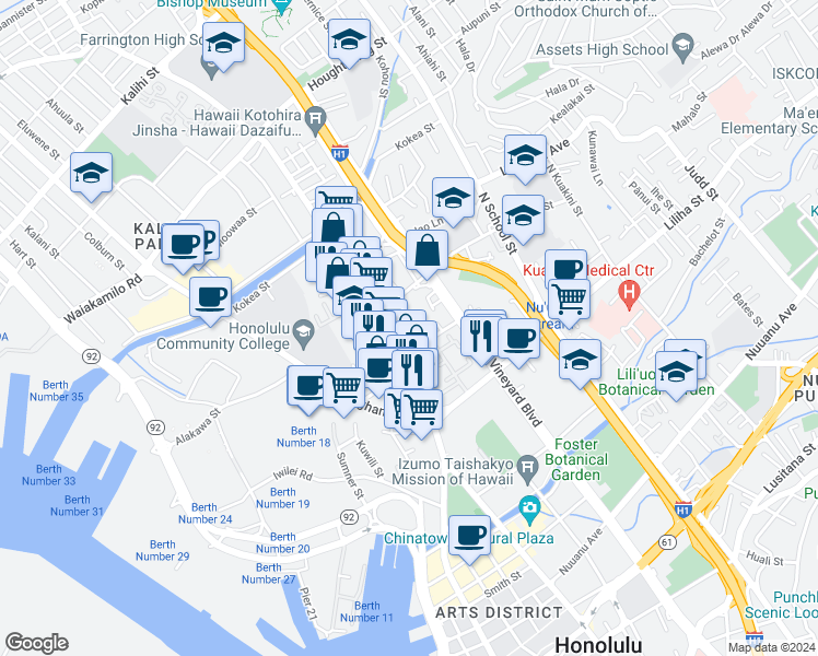 map of restaurants, bars, coffee shops, grocery stores, and more near 1029 Banyan Street in Honolulu