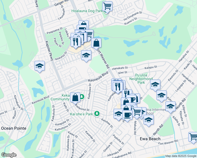 map of restaurants, bars, coffee shops, grocery stores, and more near 91-1059 Keoneula Boulevard in Ewa Beach