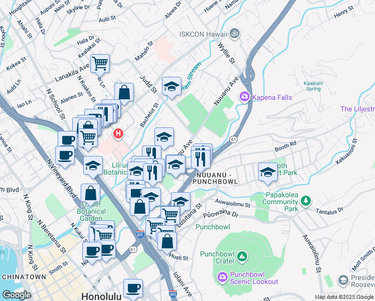 map of restaurants, bars, coffee shops, grocery stores, and more near 1952A Pauoa Road in Honolulu
