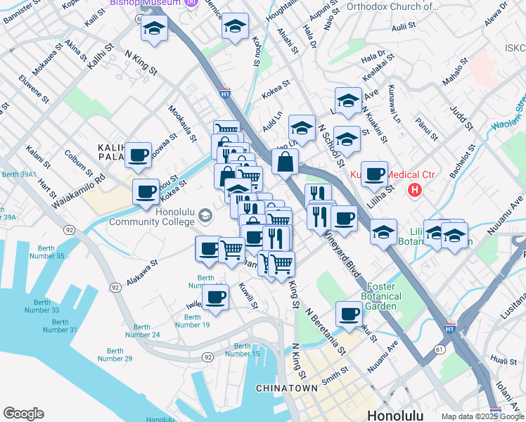 map of restaurants, bars, coffee shops, grocery stores, and more near 1029 Banyan Street in Honolulu
