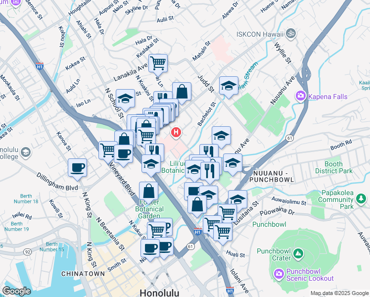 map of restaurants, bars, coffee shops, grocery stores, and more near 1753 Huna Street in Honolulu