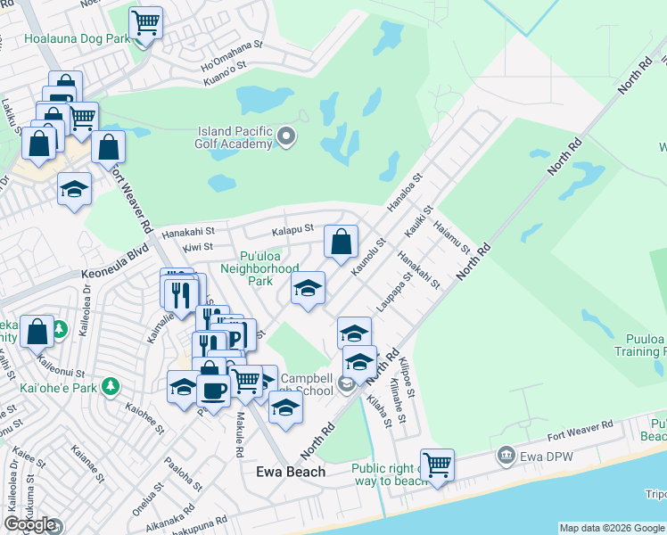 map of restaurants, bars, coffee shops, grocery stores, and more near 91-1046 Hanaloa Street in Ewa Beach