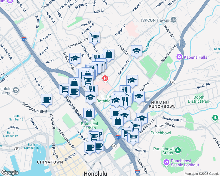 map of restaurants, bars, coffee shops, grocery stores, and more near 1753 Huna Street in Honolulu