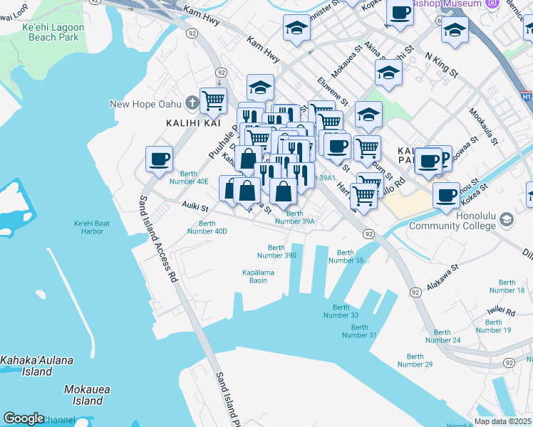 map of restaurants, bars, coffee shops, grocery stores, and more near 1648 Auiki Street in Honolulu