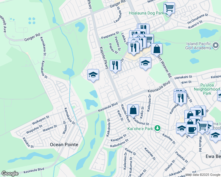map of restaurants, bars, coffee shops, grocery stores, and more near 91-2062 Kai 'Oli Street in Ewa Beach