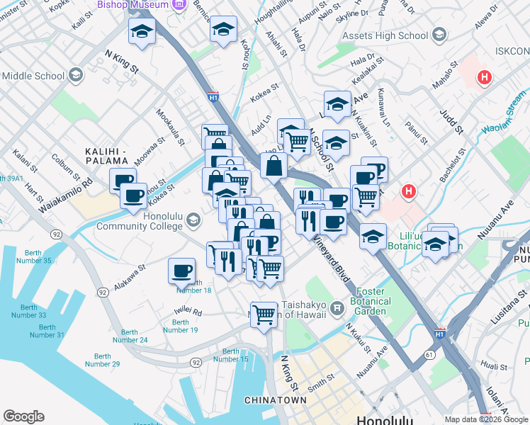 map of restaurants, bars, coffee shops, grocery stores, and more near 1119 Banyan Street in Honolulu
