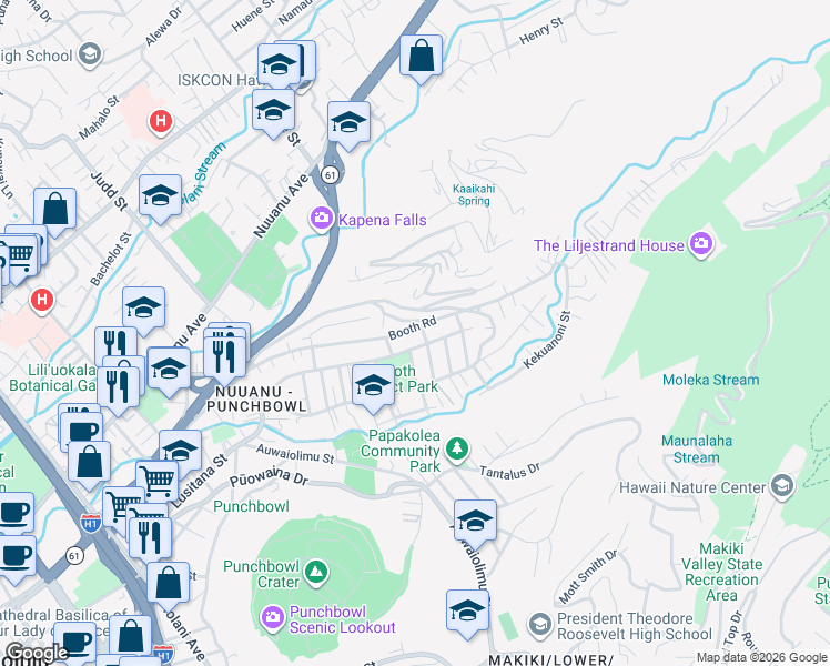 map of restaurants, bars, coffee shops, grocery stores, and more near 2413 Kanealii Avenue in Honolulu
