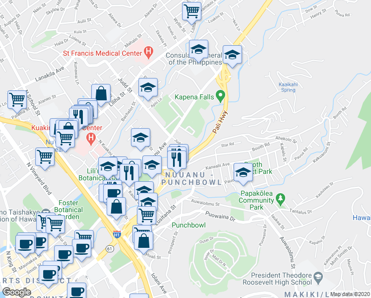 map of restaurants, bars, coffee shops, grocery stores, and more near 55 South Judd Street in Honolulu