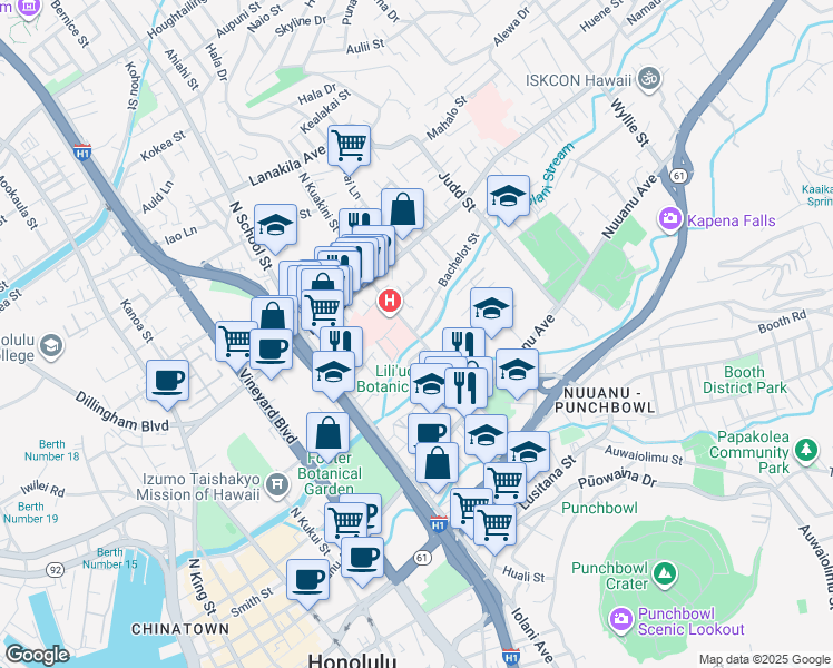 map of restaurants, bars, coffee shops, grocery stores, and more near 1753 Huna Street in Honolulu